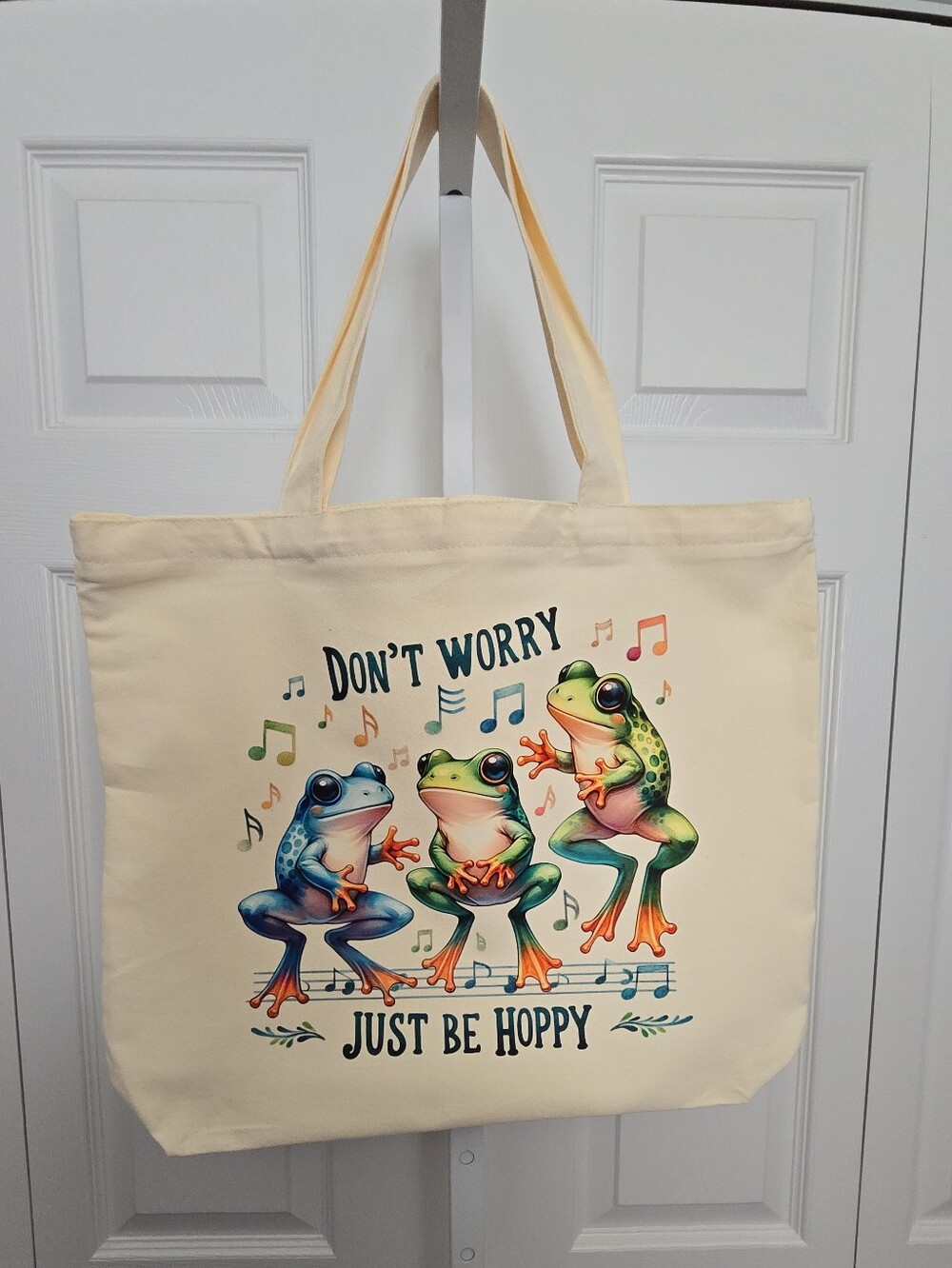 Don't Worry Just Be Hoppy Frog Tote Bag - Cream